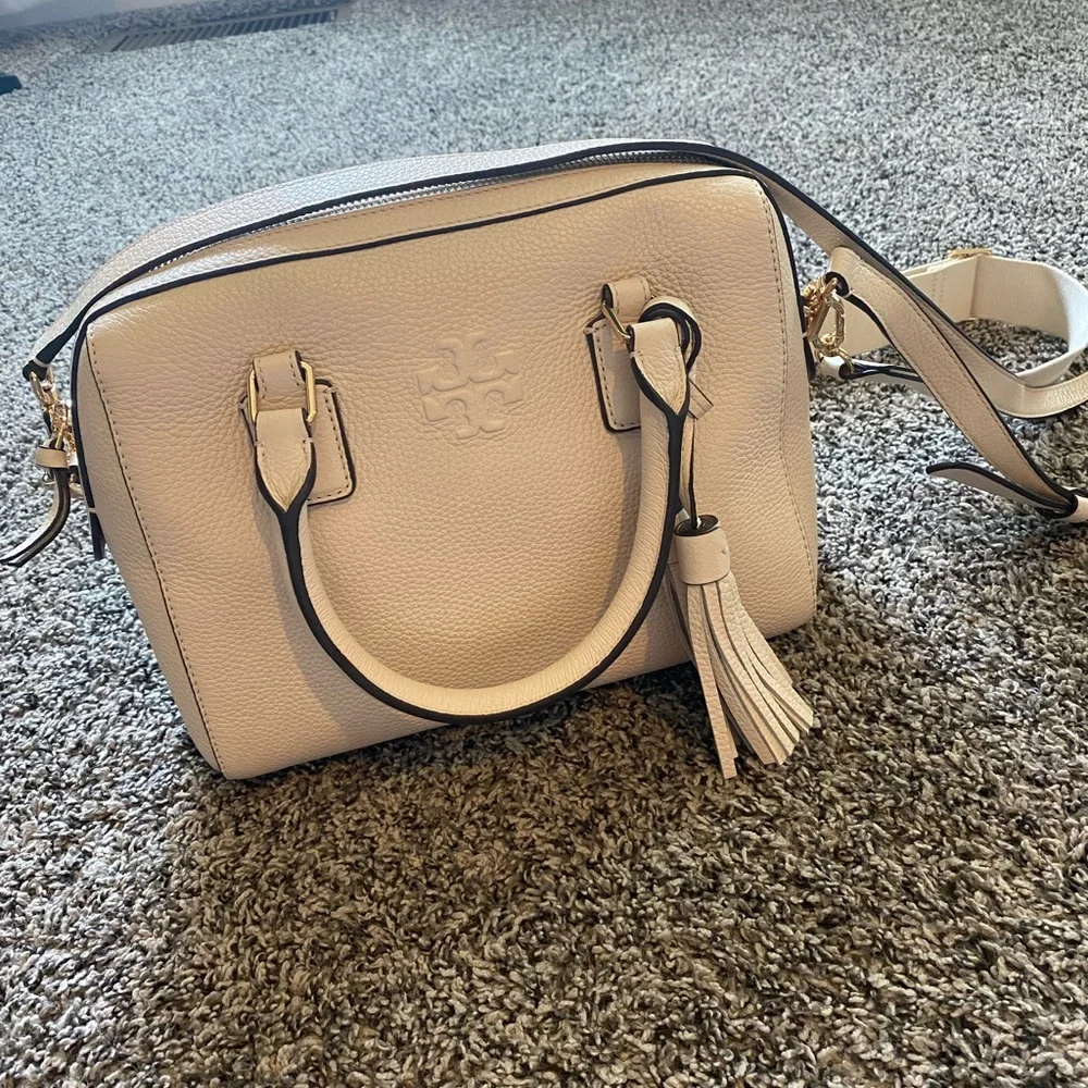Tory Burch Cream Leather Tassel Satchel
